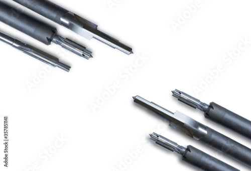 reamer drill special tools. Cutting edge right hand. Material carbide+steel. Isolated on white background. Make holes part automotive. Drilling metal steel cast iron Aluminum stainless