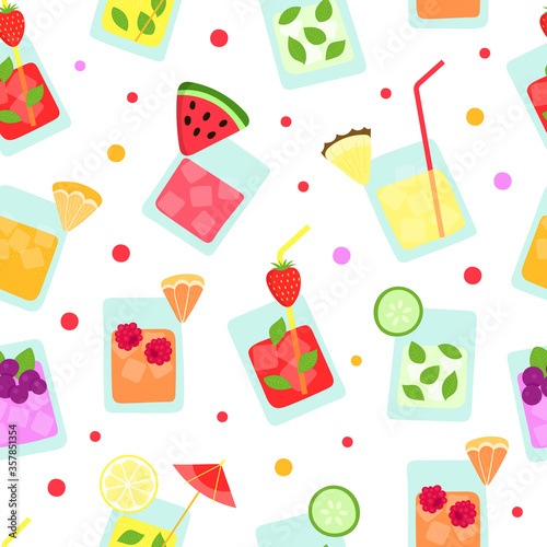 Fresh summer tropical fruit smoothies seamless pattern. Funny cocktails pineapple, strawberry, watermelon, grapefruit, lemon, cucumber. Summer bar on the beach. Cartoon handmade vector illustration.