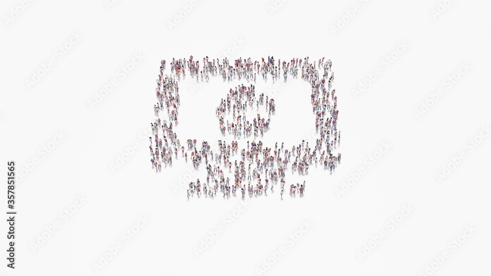 3d rendering of crowd of people in shape of symbol of iMac on white background isolated