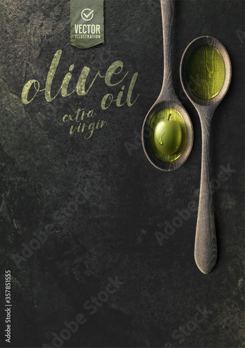 Vector realistic olive illustration, wooden spoon and oil on black stone background