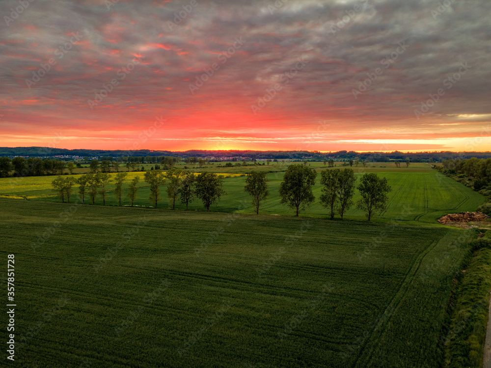 Aerial view of arable fields during sunset