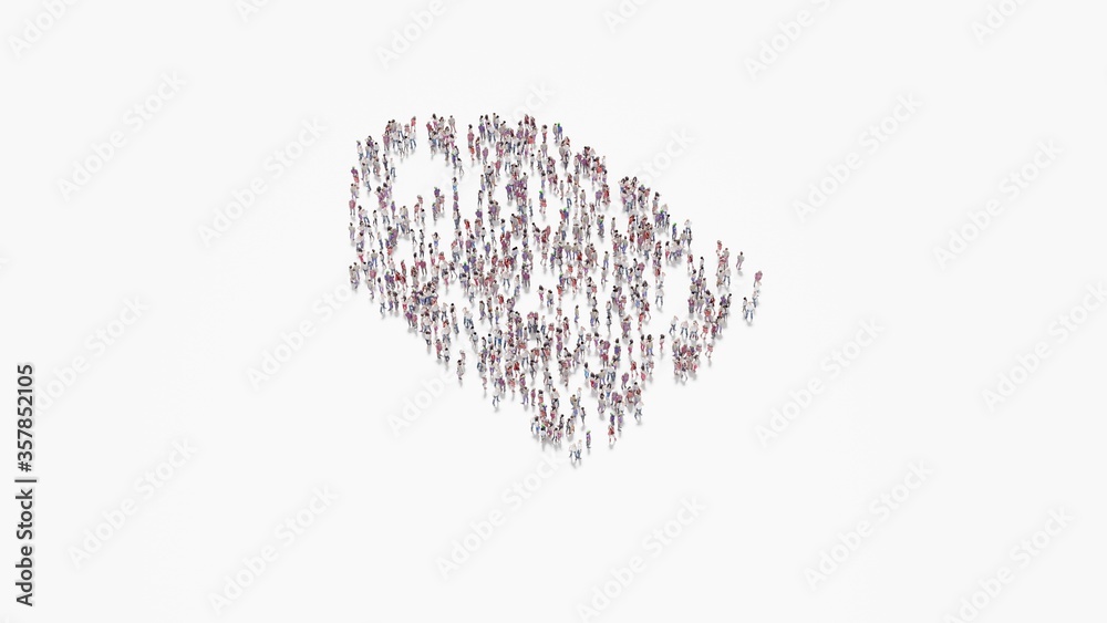 3d rendering of crowd of people in shape of symbol of label on white background isolated