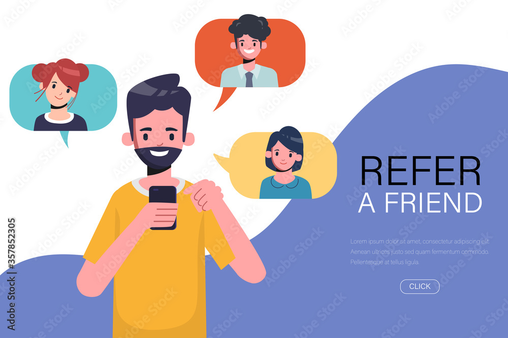 Young man have refer a friend with smartphone. Web landing page refer friend concept. Young man have refer a friend with smartphone. Web landing page refer friend concept.