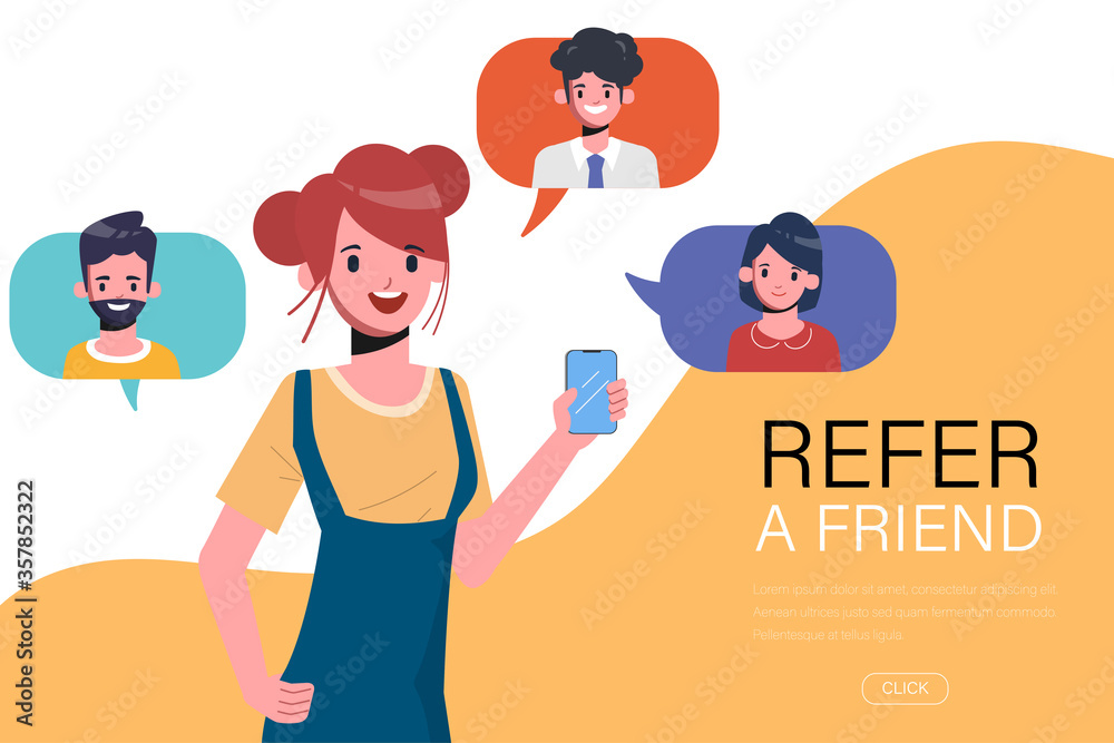 Young woman have refer a friend with smartphone. Web landing page refer friend concept. Young woman have refer a friend with smartphone. Web landing page refer friend concept.