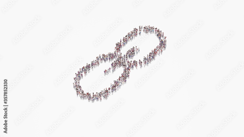 3d rendering of crowd of people in shape of symbol of link on white background isolated
