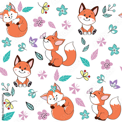 Beautiful red fox on a white background seamless pattern on a white background