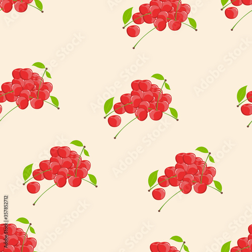 Seamless pattern of heaps of cherry berries with leaves and processes on a pink background.