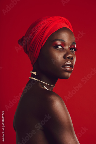 Stylish woman with red turban photo