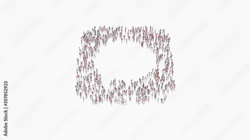 3d rendering of crowd of people in shape of symbol of message on white background isolated