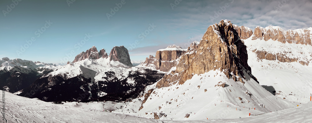 Panoramic winter view of Sella Group mountains. South Tirol. Dolomites. Italy.