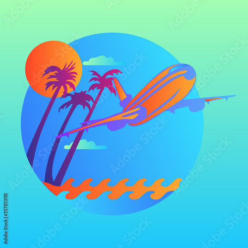 Vector island trendy and modern for travel symbol. Plane flying over the waves and tropical island. Vector illustration