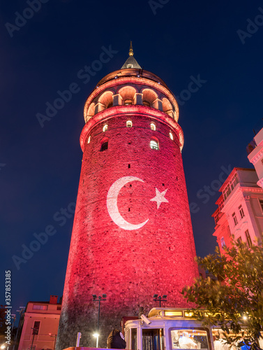 Turkish Flag light show on the Galata Tower. photo