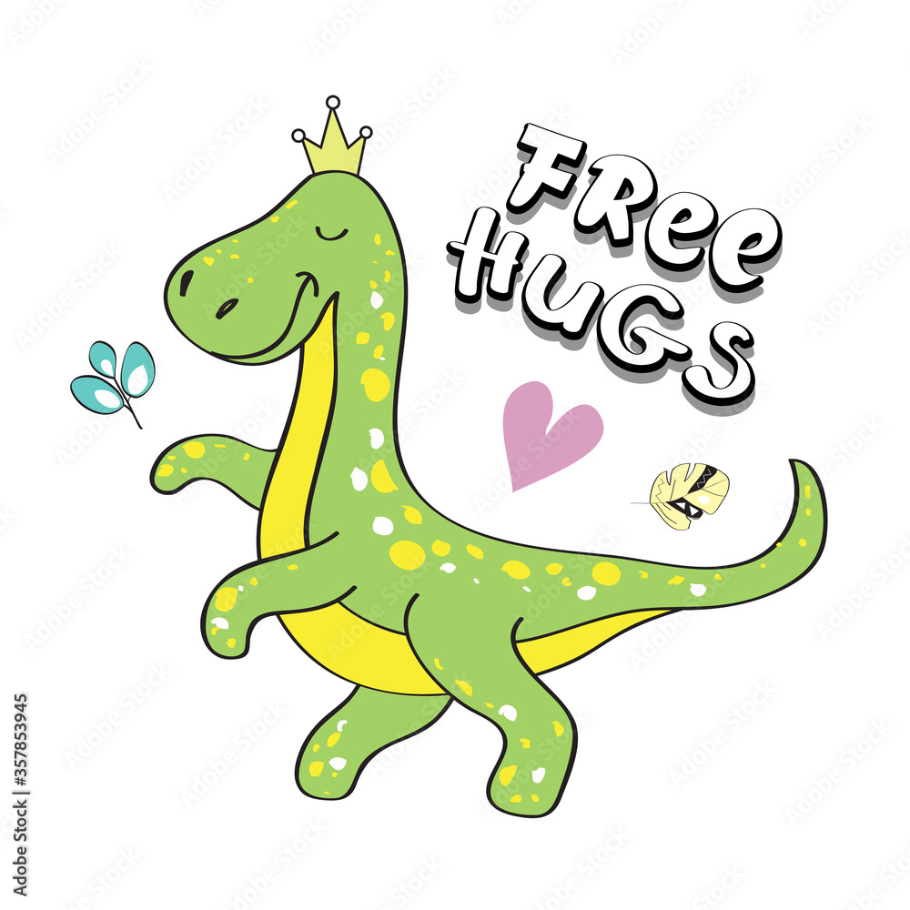 Obraz premium Funny green dinosaur and the inscription free hugs on a white background