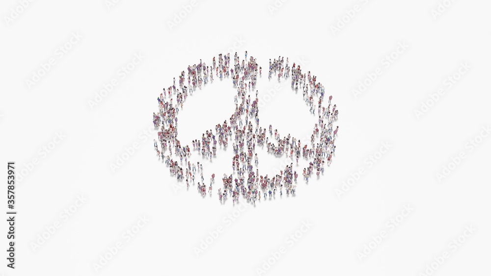3d rendering of crowd of people in shape of symbol of peace on white background isolated