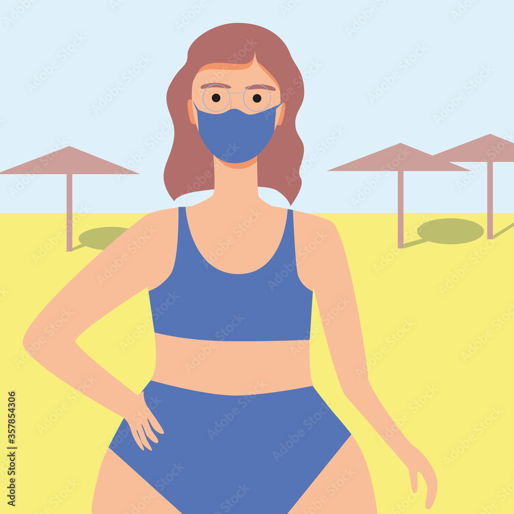 Girl in trikini with face mask during a pandemic on the beach, flat vector stock illustration with a woman in a bathing suit or bikini