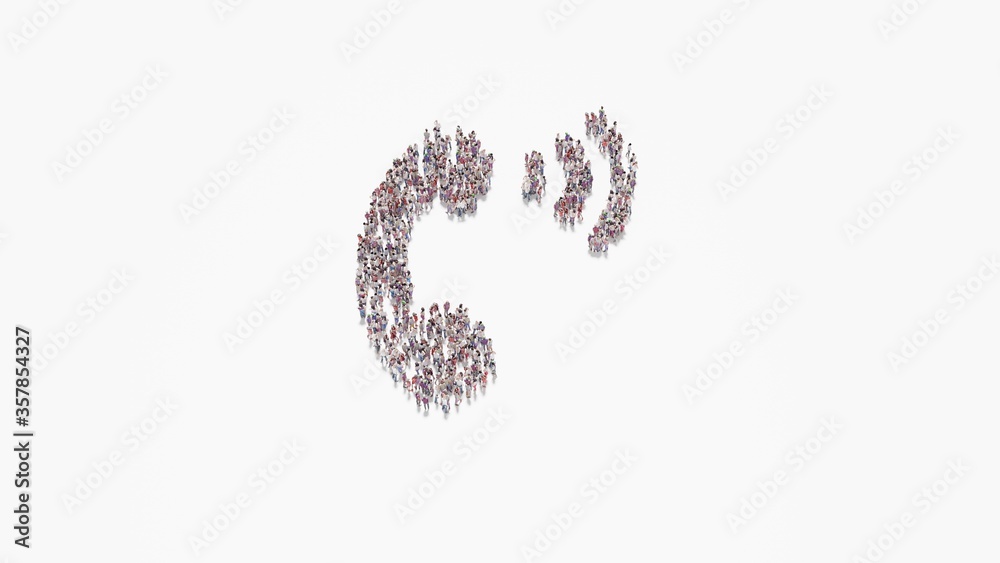 3d rendering of crowd of people in shape of symbol of phone volume on white background isolated
