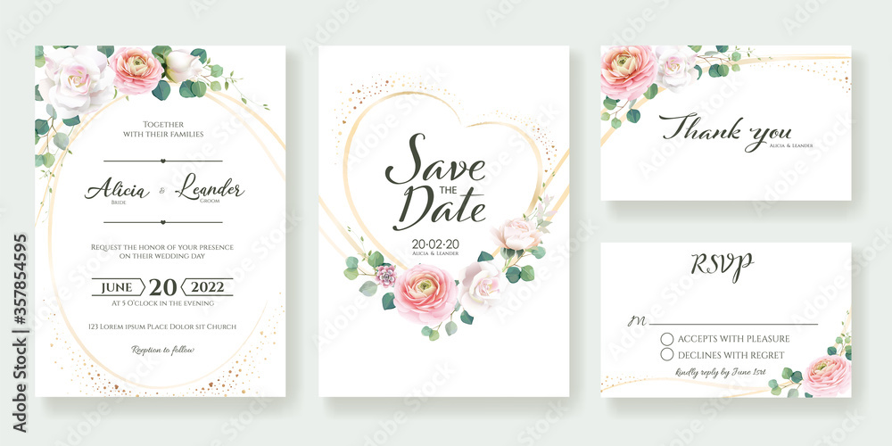 Set of floral Wedding Invitation, save the date, thank you, rsvp card Design template. Vector.