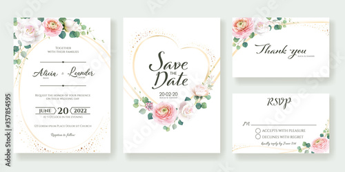 Set of floral Wedding Invitation  save the date  thank you  rsvp card Design template. Vector.
