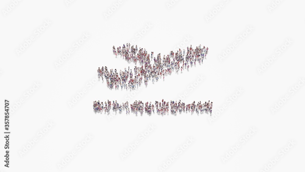 3d rendering of crowd of people in shape of symbol of plane departure on white background isolated