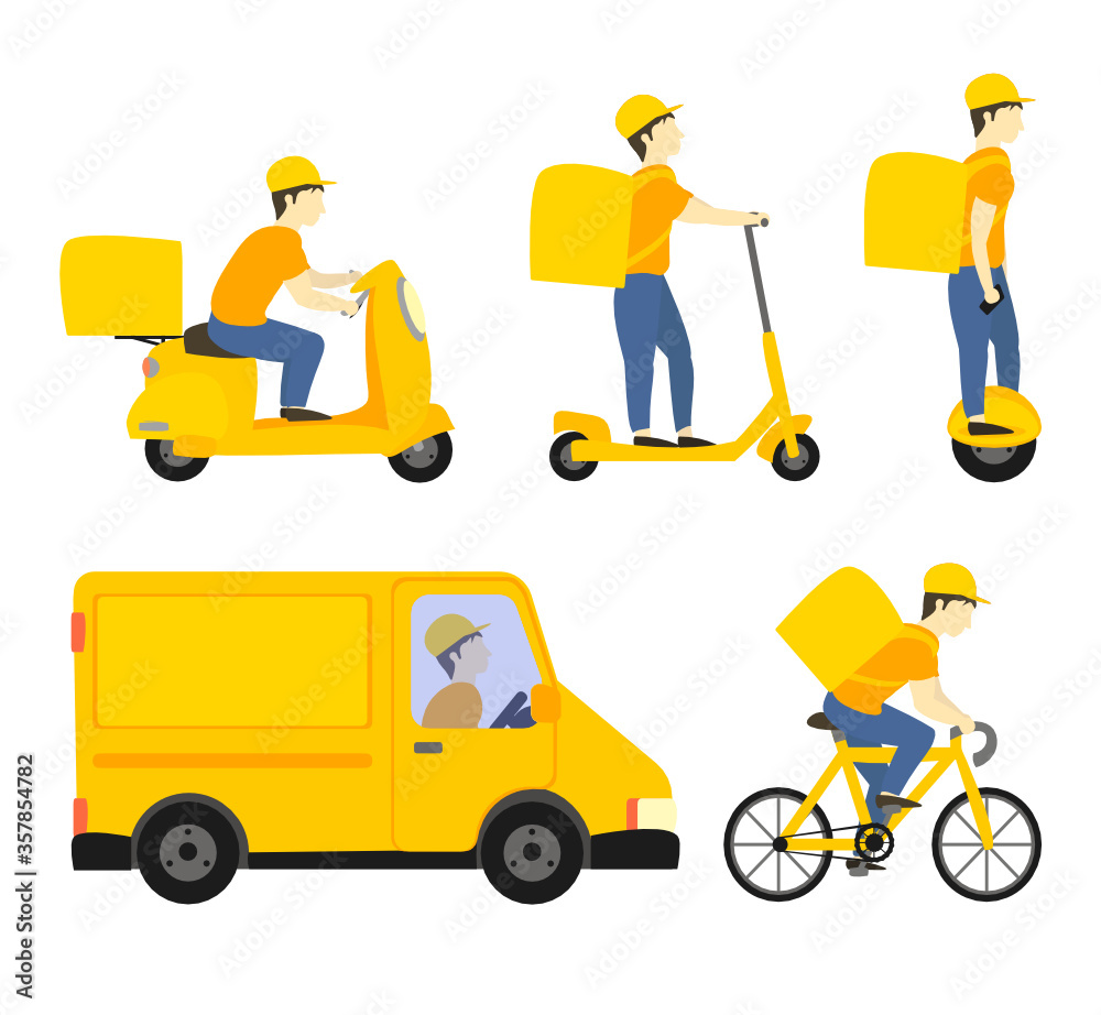 Set of flat vector illustrations. Man on different delivery service vehicles. Electric scooter, moped,
unicycle, bike, minibus. Delivery concept in yellow on a white background.