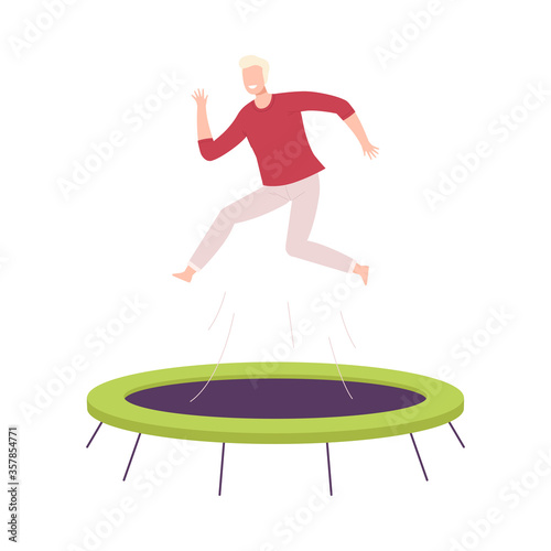 Happy Guy Bouncing on Garden Trampoline, Active Healthy Lifestyle, Summer Time Attraction Flat Style Vector Illustration