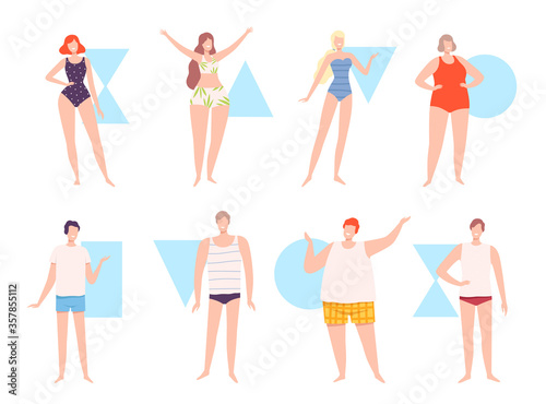Five Types of Male and Female Body Shapes Set, Hourglass, Inverted Triangle, Round, Rectangle, Triangle, People in Underwear Flat Style Vector Illustration © topvectors