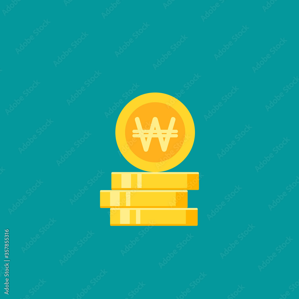 Stack of golden korean won coins. Flat gold icon. Isolated on blue. Stack of golden korean won coins. Flat gold icon. Isolated on blue.