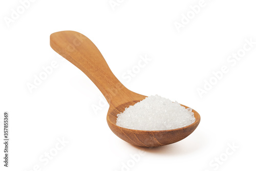 White sugar in wooden spoon isolated on white background with clipping path