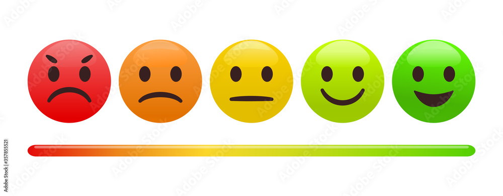 Fototapeta premium Emotion feedback scale. Includes such emoticon as angry, sad, neutral, joy and happy expression, arranged into a horizontal row. Customer's service and evaluation review sign. 