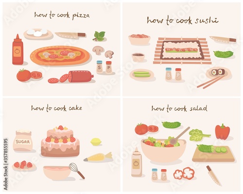 How to cook a tasty traditional vegetables pizza, cake, sushi and salad with kitchen utensils, ingredients.