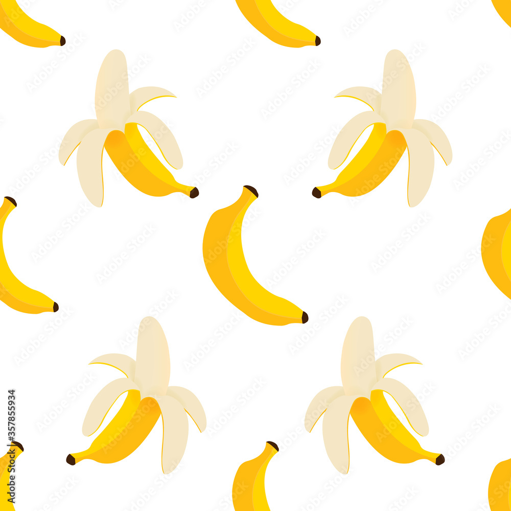 Banana and peeled banana seamless pattern. Vegetarian diet. Vector background design.