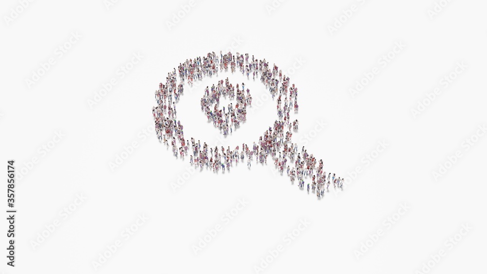 3d rendering of crowd of people in shape of symbol of search location on white background isolated