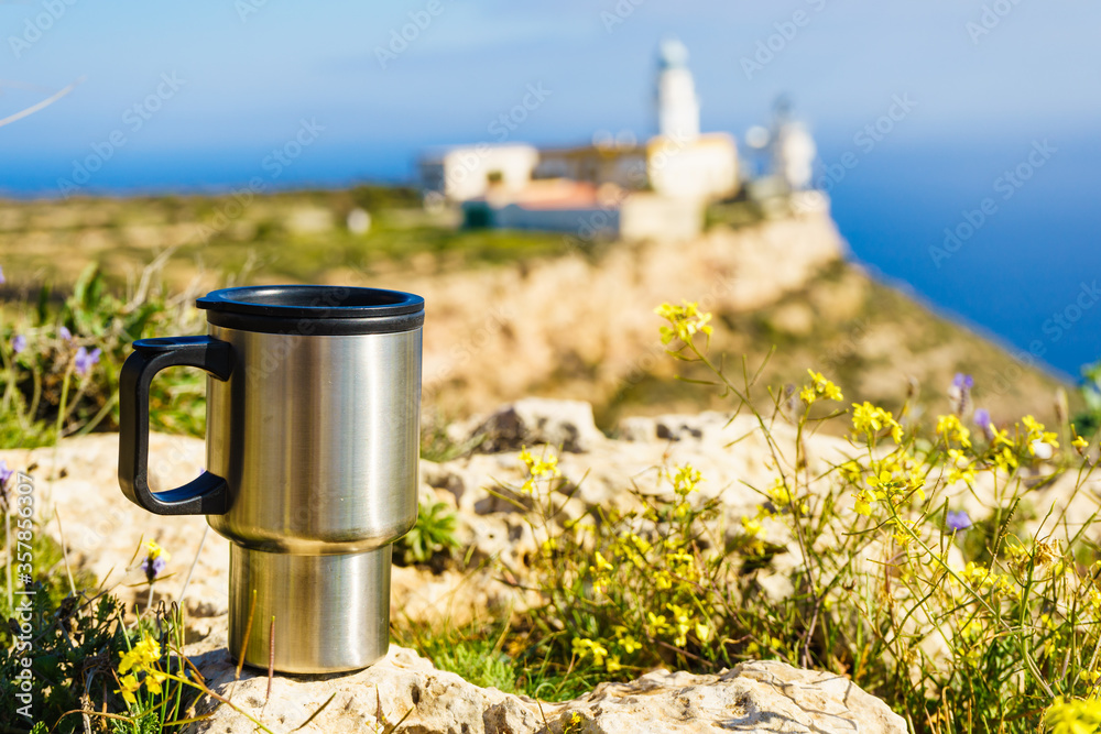 Thermal mug, thermos on nature. Travel outdoor picnic. Thermal mug, thermos on nature. Travel outdoor picnic.