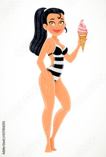 Cute tan brunette girl in black and white stripped swimsuit with ice-cream isolated on a white background