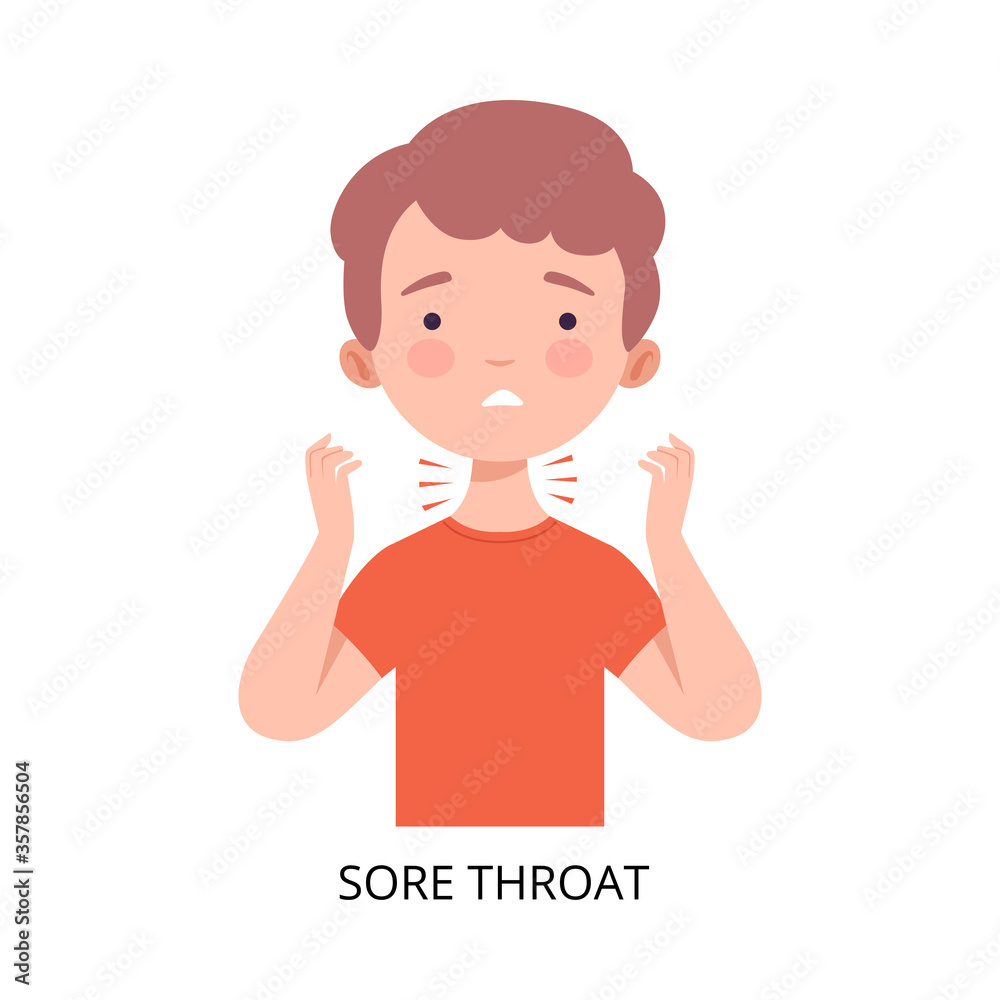 Boy Suffering from Sore Throat, Symptom of Viral Infection, Influenza or Respiratory Illness, Healthcare and Medicine Information about Flu and Virus Prevention Flat Vector Illustration Boy Suffering from Sore Throat, Symptom of Viral Infection, Influenza or Respiratory Illness, Healthcare and Medicine Information about Flu and Virus Prevention Flat Vector Illustration