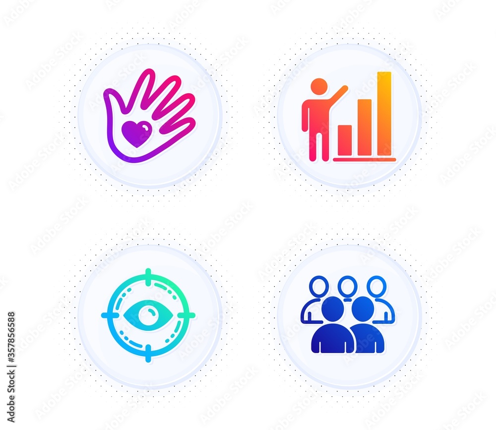 Eye target, Graph chart and Social responsibility icons simple set. Button with halftone dots. Group sign. Optometry, Growth report, Helping hand. Developers. People set. Vector Eye target, Graph chart and Social responsibility icons simple set. Button with halftone dots. Group sign. Optometry, Growth report, Helping hand. Developers. People set. Vector