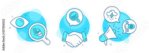 Cogwheel, Statistics and Thunderstorm weather line icons set. Handshake deal, research and promotion complex icons. Seo analysis sign. Engineering tool, Report charts, Thunder bolt. Vector