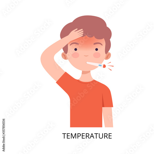 Boy Suffering from Temperature, Symptom of Viral Infection, Influenza or Respiratory Illness, Healthcare and Medicine Information about Flu and Virus Prevention Flat Vector Illustration