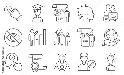 Set of People icons, such as Student, Artificial intelligence. Diploma, ideas, save planet. Graph chart, Settings blueprint, Select user. Creative idea, Rotation gesture, Education. Vector