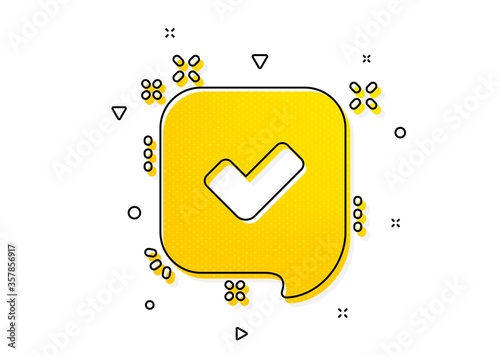 Accepted or confirmed sign. Approve icon. Speech bubble symbol. Yellow circles pattern. Classic confirmed icon. Geometric elements. Vector