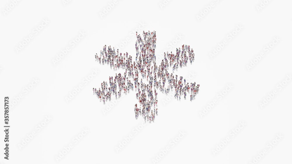 3d rendering of crowd of people in shape of symbol of star of life on white background isolated