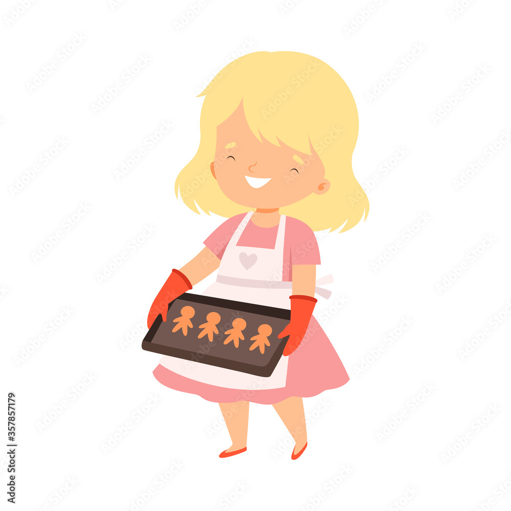 Lovely Girl Holding Baking Tray with Homemade Cookies, Kids Hobby or Creative Activity Cartoon Vector Illustration Lovely Girl Holding Baking Tray with Homemade Cookies, Kids Hobby or Creative Activity Cartoon Vector Illustration