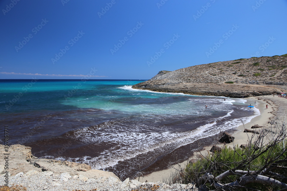 panorama landscape scenic view of isolated deserted rocky white sand dry grass beach with blue turquoise sea water and sky background on beautiful and colorful Mallorca island in Spain