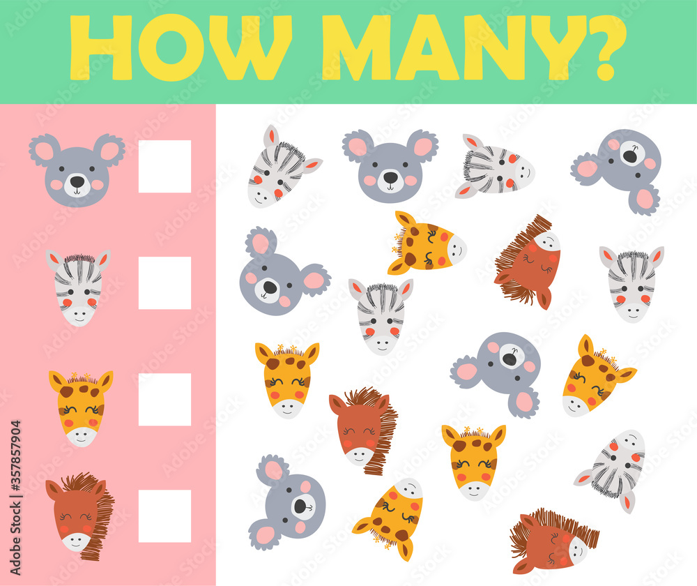Fototapeta premium Cartoon Illustration of Education Mathematical Game of Animals Counting for Preschool Children.