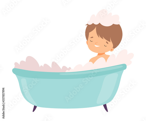 Cute Boy Taking Bath in Bubble Bathtub, Preschool Kid Daily Routine Activity Cartoon Vector Illustration