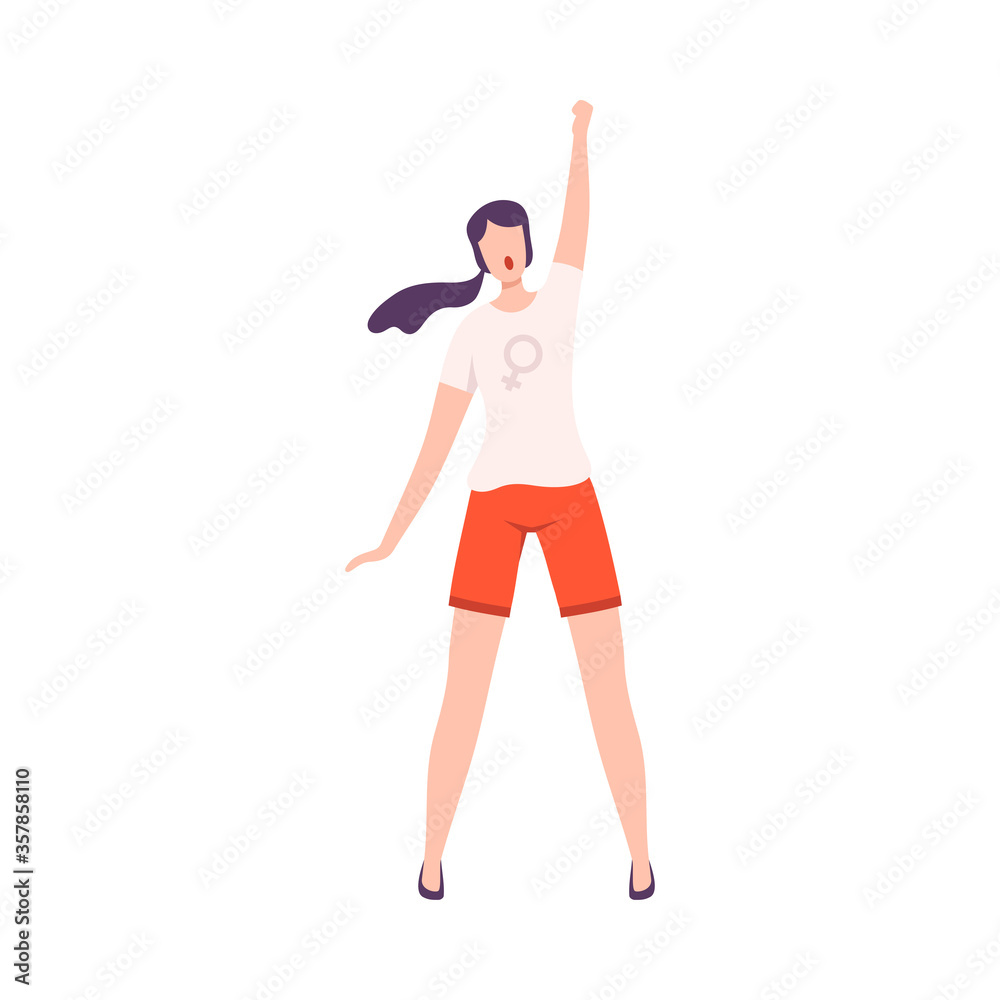 Young Woman Standing with her Fist Raised Up, Feminism, Freedom, Protest, Female Power and Rights Flat Style Vector Illustration