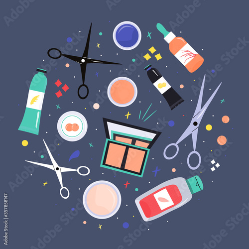 Bright vector flat beauty concept in cartoon style. Set of makeup items and beauty salon items on blue background. Nice vector illustration with beauty products.