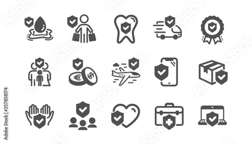 Insurance icons set. Family risk, Health care, help service. Car accident, flood insurance, flight protection icons. Safety document, money savings, delivery risk. Car full coverage. Vector