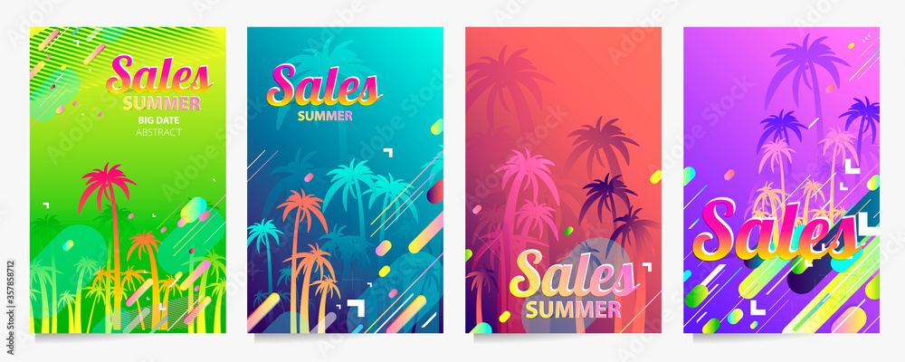 Abstract set summer palm party background universal art web header template. Collage made with scribbles canyon strokes