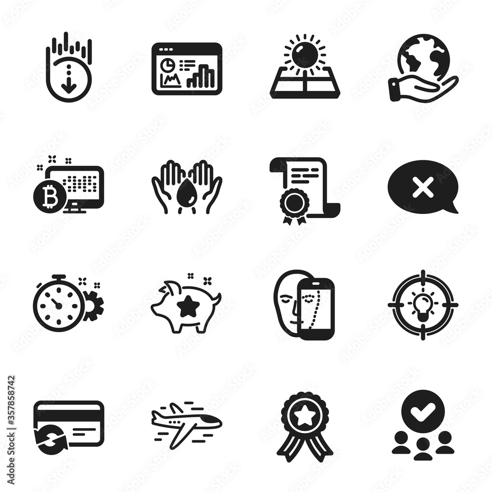 Set of Technology icons, such as Scroll down, Sun energy. Certificate, approved group, save planet. Change card, Loyalty points, Face biometrics. Idea, Safe water, Seo statistics. Vector Set of Technology icons, such as Scroll down, Sun energy. Certificate, approved group, save planet. Change card, Loyalty points, Face biometrics. Idea, Safe water, Seo statistics. Vector